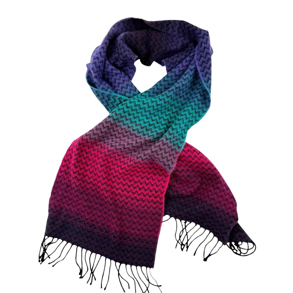 Scottish 100% Cashmere Zig Zag Scarf 70x12 Made In Scotland Pink Blue Purple